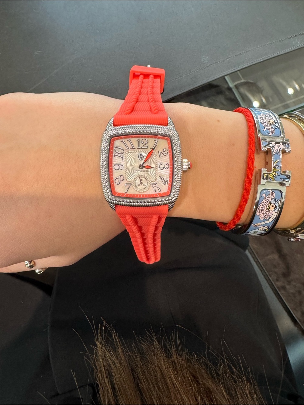 New Judith Ripka Coral Red Mother of Pearl Stainless Steel Square Women's Watch